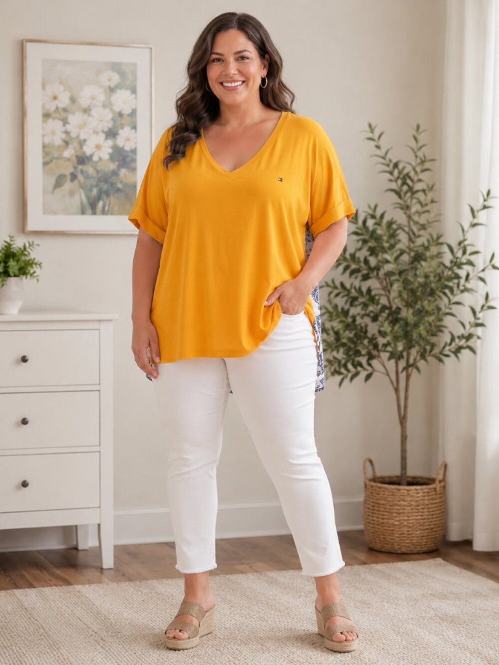 Tommy Hilfiger Mustard Mixed Media V-Neck Top 2X NWT